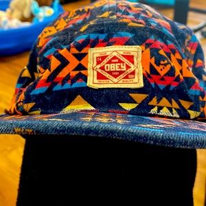 Obey Five Panel Aztec Southwestern Tribal Leather Strap Back Hat Cap